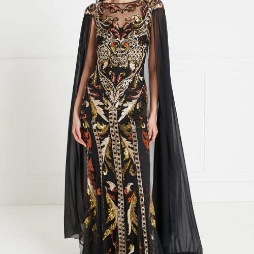 Marvelloush Embellished Cape Gown - Black