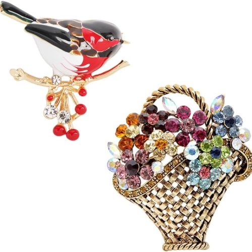 2Pcs Creative Design Multicolor Bird Brooch Pins Enamel Animal Hummingbird Brooches and Colors Rhinestone Flower Basket Brooch Vintage